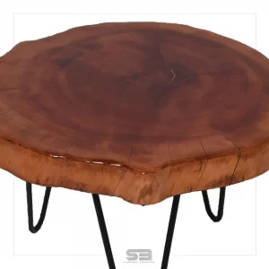 Mesa Resinada de Centro/ Cabeceira TALLINN - Madeira Maciça e Pés de ferro Diâmetro 48 CM 