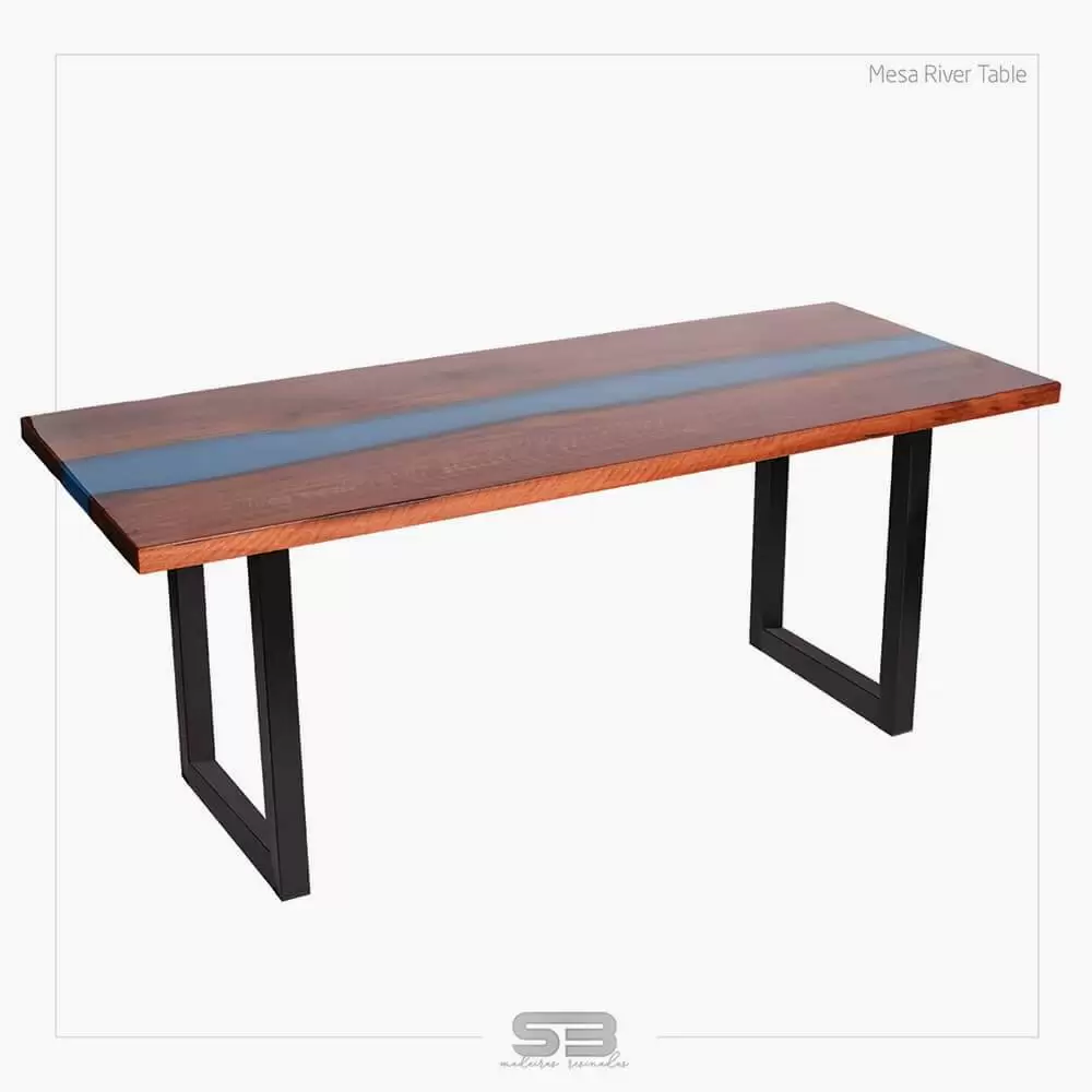 Mesa  River Table Resinada de Jantar DINAMARCA -  Madeira Maciça e Pés de ferro (formato I) 2,00 X 0,80